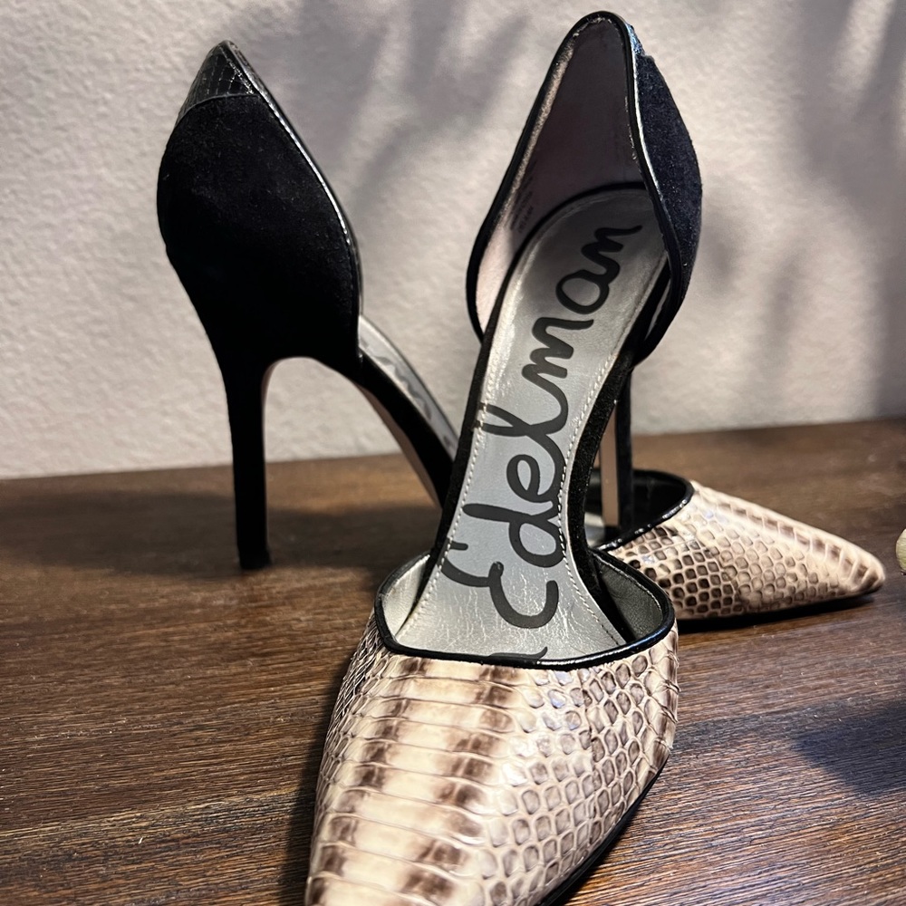 Women's Sam Edelman Size 5.5M Delilah D'orsay Snakeskin Suede Black Heel Pumps